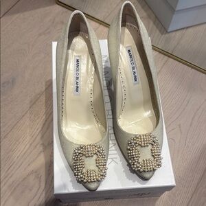 Manolo Blahnik Hangisi Cream Heels with Crystal Embellishment Size 38